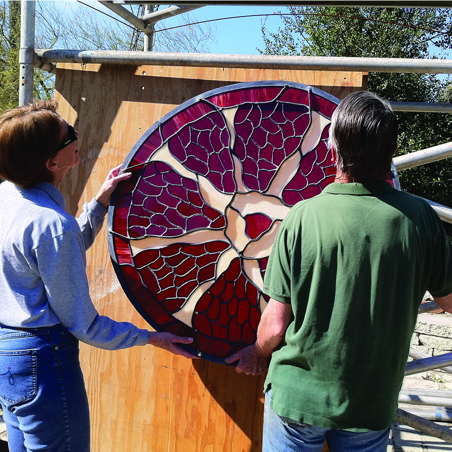 Hanging the Pomegranate Stained Glass